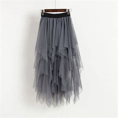 Tulle Skirts Women High Waist Mesh Skirt Hem Asymmetrical Pleated Midi