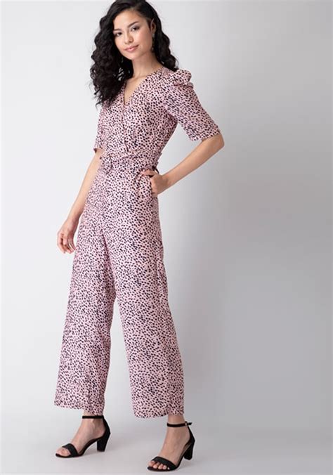 Buy Women Pink Leopard Print Puff Sleeve Belted Jumpsuit Honeymoon