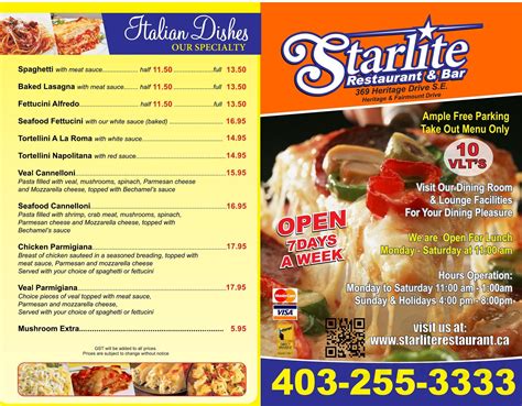 Starlite Restaurant & Bar menus in Calgary, Alberta, Canada