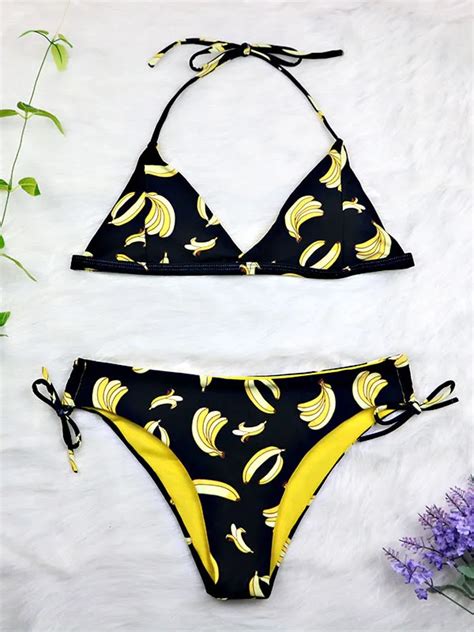 Sexy Halter Spaghetti Strap Banana Print Bikini Set Women Bandage