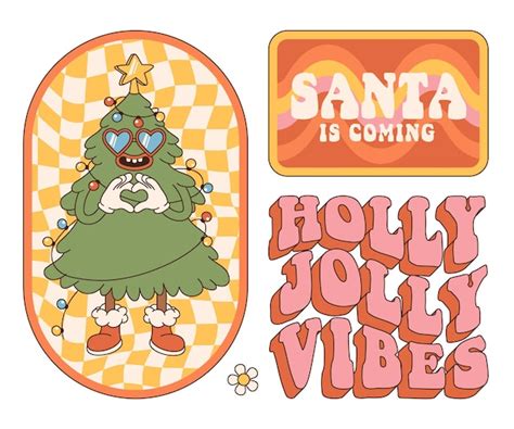 Groovy hippie christmas stickers santa viene árbol de navidad holly