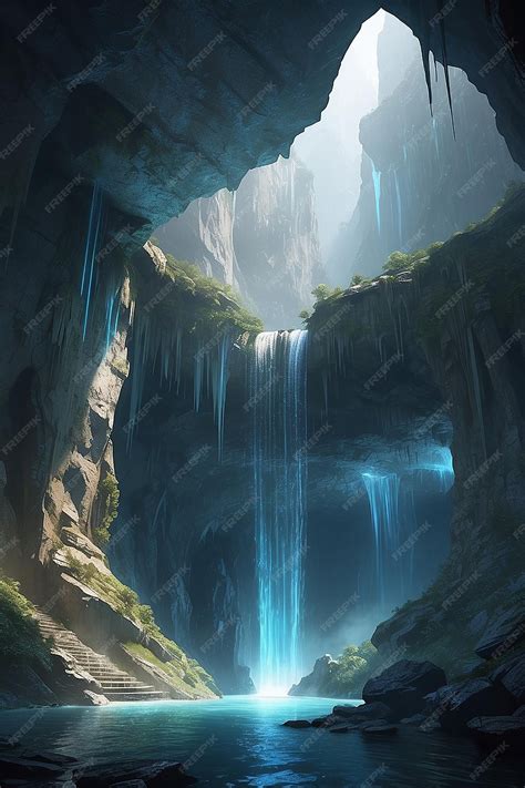 A hidden cave behind a waterfall revealing a secret entrance to a