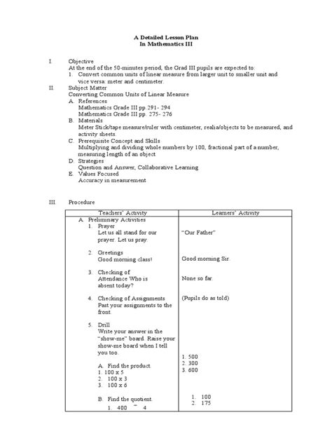 Grade 3 Detailed Lesson Plan Mathematics Pdf Lesson Plan Yarn