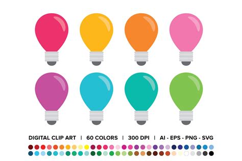 Light Bulb Clip Art Set Png Svg Vector Solid Color Lightbulb Etsy