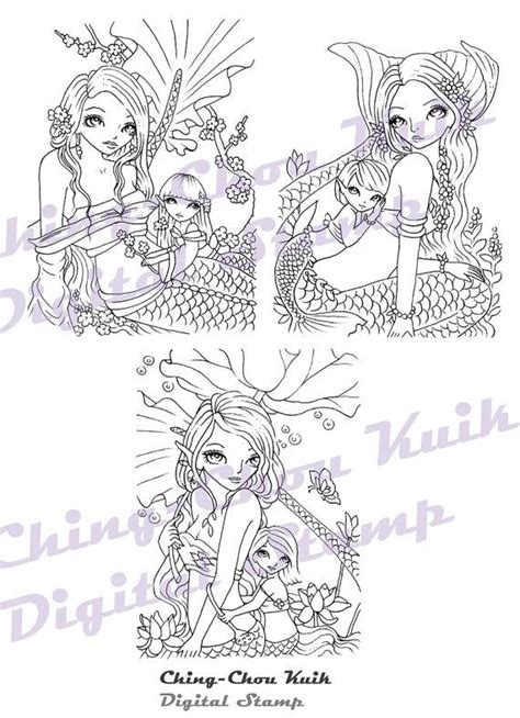 Mother And Daughter Mermaid Digital Stamp Set Of 3 Images Instant