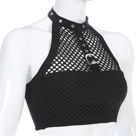 Black Mesh Patchwork Gothic Tank Top Women Streetwear Choker Collar