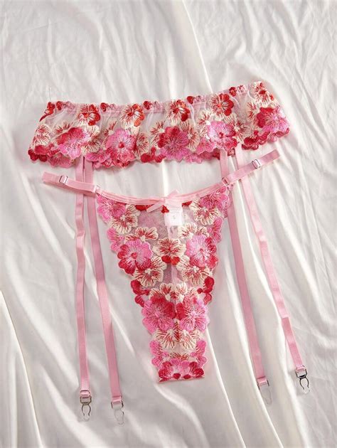 Floral Embroidery Mesh Sexy Lingerie Set Shein Usa