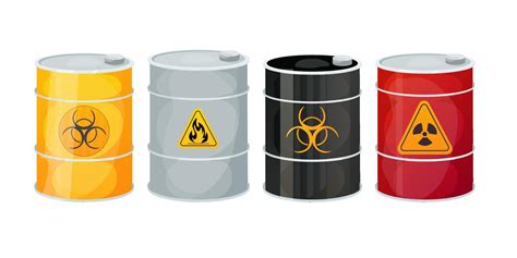 Set Metal Barrels With Toxic Dangerous Signs In Cartoon Style Isolated