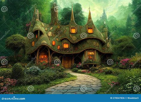 Natural Landscape Of A Fairy Tale Country With Houses And Flowers