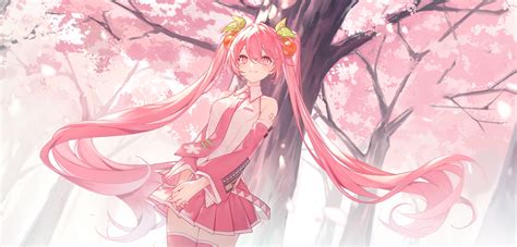 Twintails Grass Japanese Hatsune Miku Cherry Trees Pink Hair Cafe