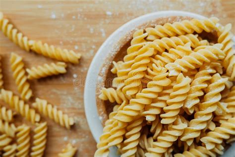 Spiral Tortiglioni Pasta In Plate In Bright Kitchen Homemade Pasta