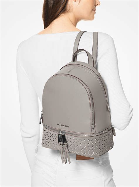 Michael Kors Rhea Medium Embellished Leather Backpack In Pearl Grey