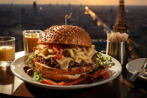 Una Hamburguesa Con Queso Suizo En Un Caf Parisino Con Vistas A La