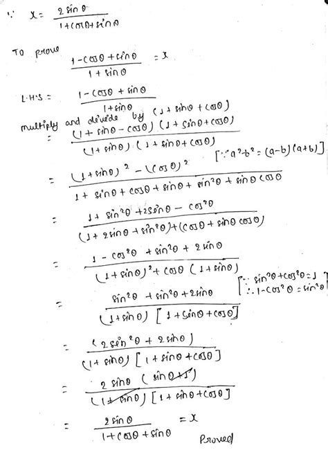 If X 2sin Theta 1 Cos Theta Sin Theta Then Prove That 1 Cos