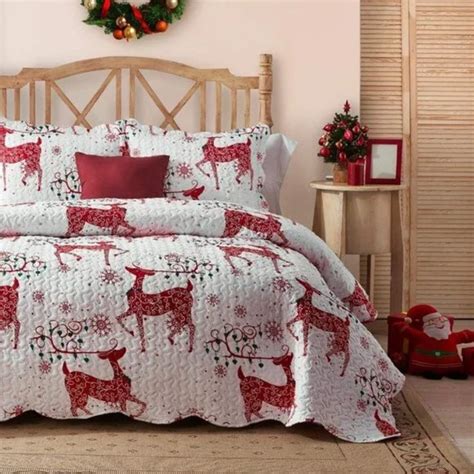 Bedding Fullqueen Size Christmas Red Reindeer Printed Quilt Bedding