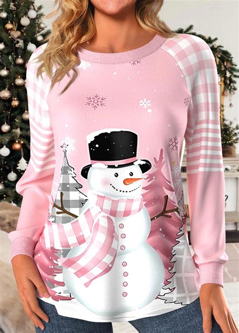 Rotita Patchwork Snowman Print Light Pink Round Neck Sweatshirt