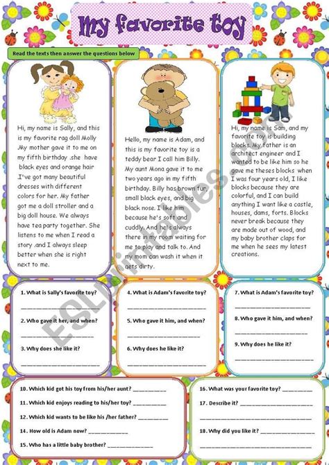 My Favorite Toy Reading Comprehension Esl Worksheet By Misstylady