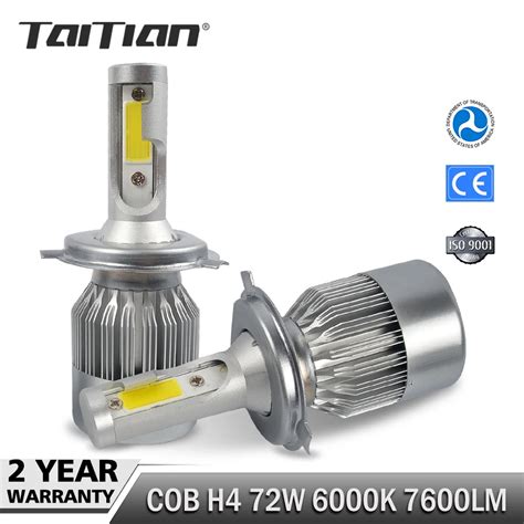 Taitian 2 Sztuk 72W 7600LM COB Led H4 Lampa Samochodowa Hi Lo Canbus