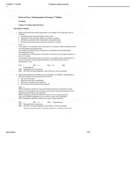 Evidence based practice Pottery and Perry Test Bank - Fundamentals of
