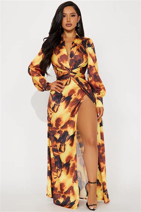 Miranda Satin Maxi Dress Yellow Combo Fashion Nova