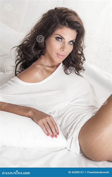 Sensual Brunette Lady Posing In Bed Stock Image Image Of Eyes Person