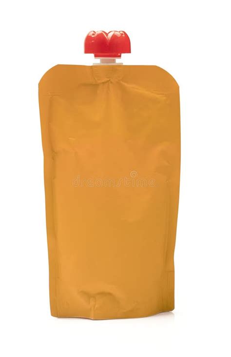 Single Blank Orange Colored Puree Bag Liquid Container Packaging Isolated On White Background