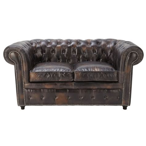 Canapé capitonné Chesterfield 2 places en cuir marron moka Vintage