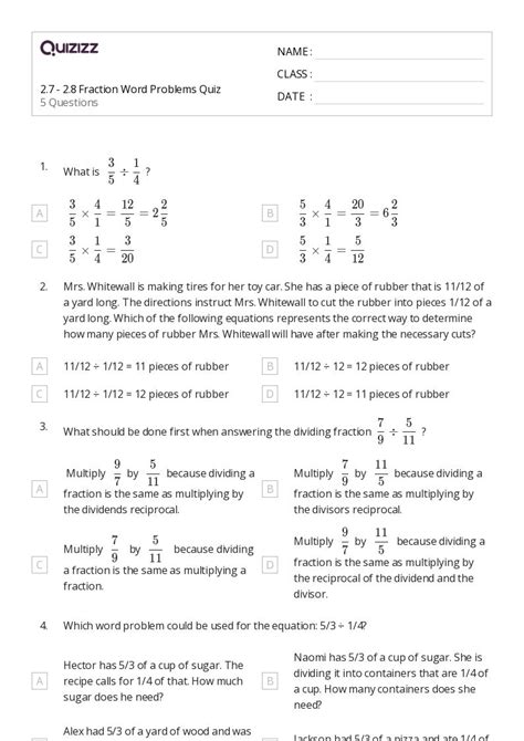 50 Fraction Word Problems Worksheets For 5th Class On Quizizz Free