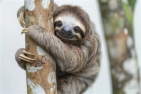 Premium Photo Cute Sloth Hanging On Tree Branch White Background