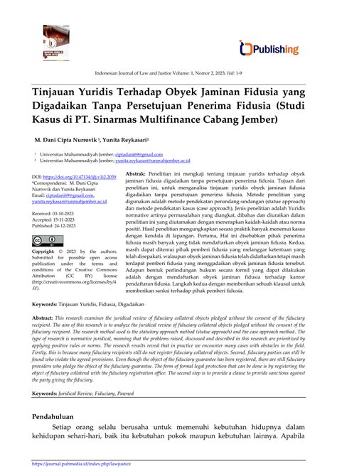 PDF Tinjauan Yuridis Terhadap Obyek Jaminan Fidusia Yang Digadaikan