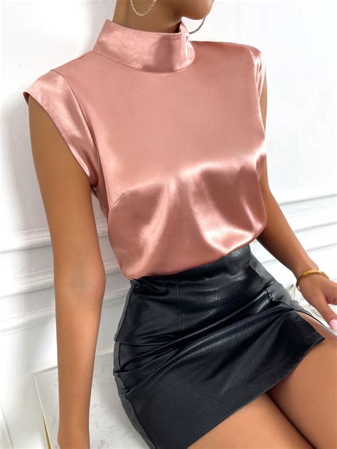 Mock Neck Satin Blouse Women Blouses Fashion Classy Casual Outfits