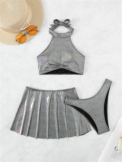 SHEIN SHEIN Swim Y2GLAM Holographic Metallic Bikini Set Ruched Halter