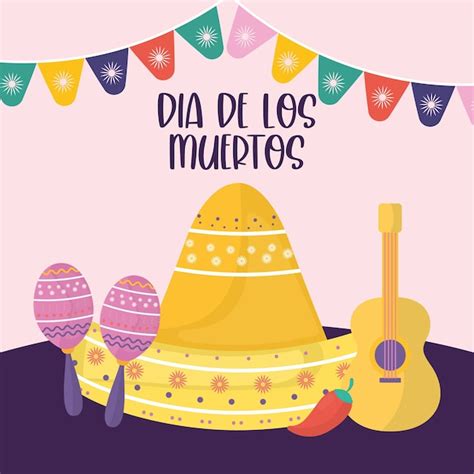 Dia mexicano do chapéu de maracas morto e design de guitarra tema da