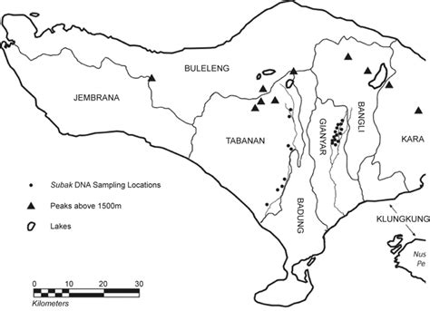 Map of Bali showing locations of Gunung Kawi (Gianyar) and Tabanan ...