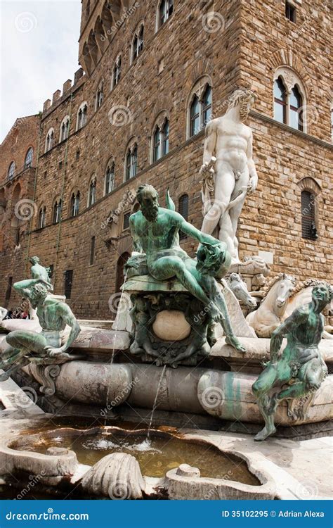 Florence - Famous Fountain of Neptune on Piazza Della Signoria, Stock ...