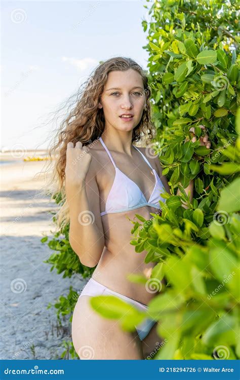 Lovely Blonde Bikini Model Posing Outdoors On A Caribbean Beach Stock