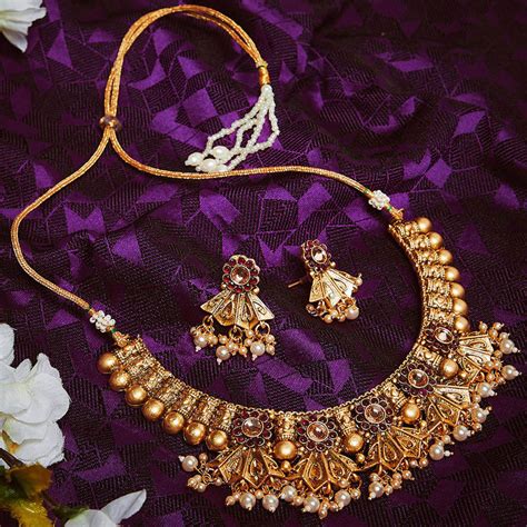 Panash Gold Plated Off White Stone Studded Pearl Beaded Jewellery Set