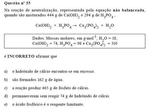 Questão Li0 35na Reação De Neutralização Representada Pela Equação Não