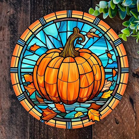 Faux Stained Glass Wreath Sign Fall Wreath Sign Round Wreath Sign Pumpkin Metal Sign Signs