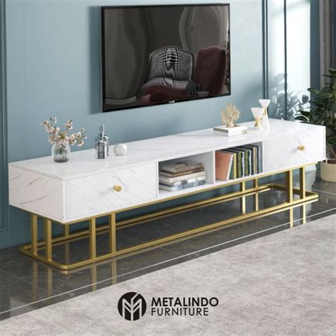 Meja Tv Minimalis Putih Kaki Besi Gold Metalindo Furniture