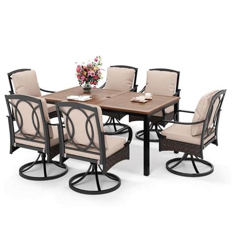 Phi Villa 7 Piece Metal Outdoor Dining Set With Brown Rectangular Table Top And Rattan Swive