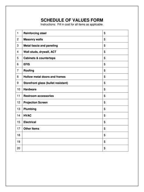 Schedule Of Values - Fill Online, Printable, Fillable, Blank | pdfFiller