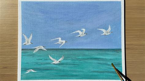 How to paint seagulls Acrylic ocean and seagulls tutorial 飞鸟与海丙烯画