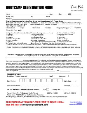 Fillable Online Bootcamp Registration Form Pro Fit Corporate Health