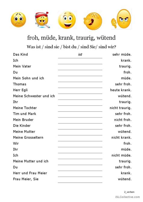 Gefühle und das Verb sein Deutsch DAF Arbeitsblätter pdf doc