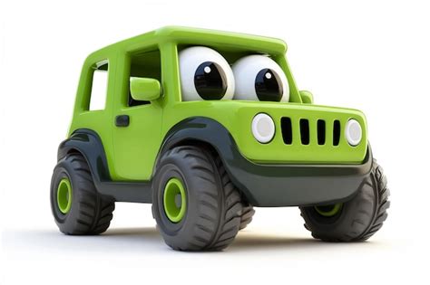 Funny green cartoon car character looking happy on white background ...