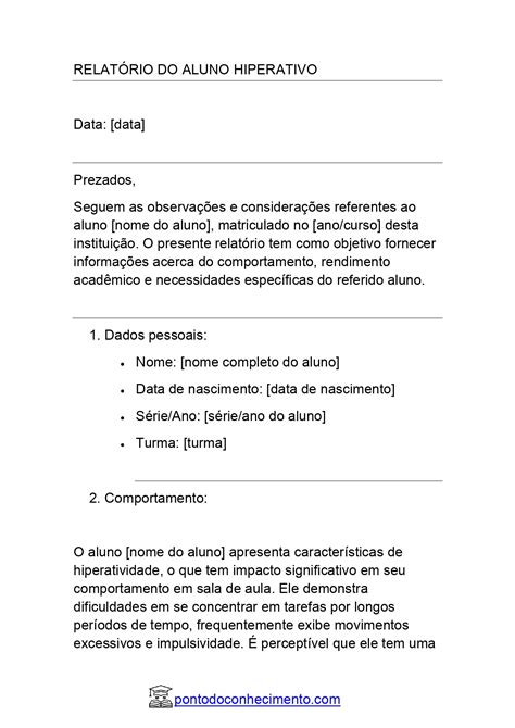 Relat Rio Do Aluno Hiperativo Relat Rio Modelo Ponto Do Conhecimento