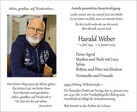 Traueranzeigen Von Harald Weber Trauer Nrw