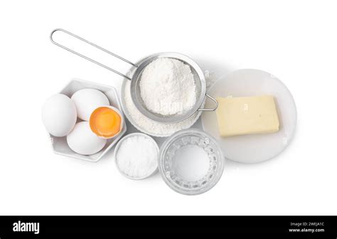 Eggs Butter Flour Salt And Water Isolated On White Top View Ingredients For Puff Pastry