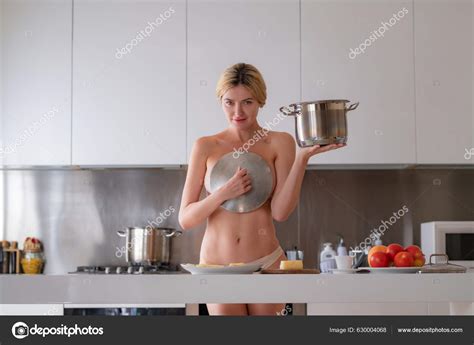 Sexy Undressed Naked Housewife Have Breakfast Kitchen Domestic